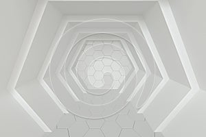 Hexagonal tunnel space with hexagon cubes, 3d rendering