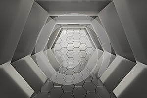 Hexagonal tunnel space with hexagon cubes, 3d rendering