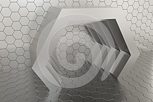 Hexagonal tunnel space with hexagon cubes, 3d rendering