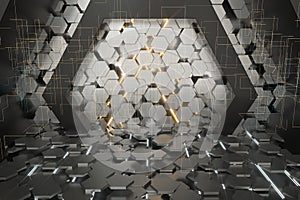 Hexagonal tunnel space with hexagon cubes, 3d rendering