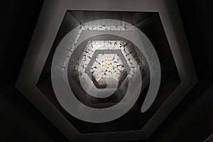 Hexagonal tunnel space with hexagon cubes, 3d rendering