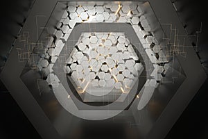 Hexagonal tunnel space with hexagon cubes, 3d rendering