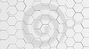 Hexagonal white tiles form a seamless, geometric pattern. Each tile features precise,