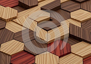 Hexagonal wooden tiles in a geometric pattern create a visually
