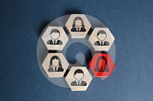 Hexagons with business employees in an organized structure. A red figure means a leader or employee is a weak link, toxic photo