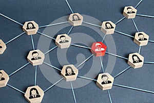Hexagons with businessmen employees are connected with their leader by a business network. Communication and social networks