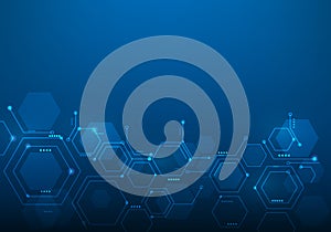 hexagons circuit board with digital data technology on blue dark background. Hi-tech digital engineering, digital telecom concept