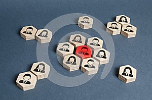 Hexagons with employees form the core around the red leader figure. Leadership and business management, team building, cooperation