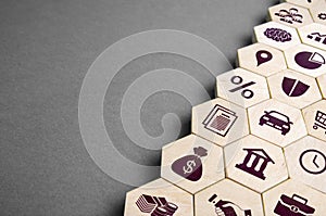 Hexagons in order with business attributes. Organizational and financial management and business development tools. Components