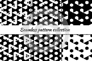 Hexagons, pentagons, triangles seamless patterns collection. Folk prints. Ethnic ornaments set. Tribal wallpapers kit