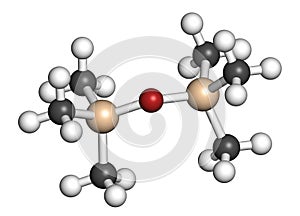 Hexamethyldisiloxane (HDMSO) organosilicon solvent molecule. 3D rendering. Atoms are represented as spheres with conventional