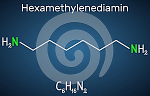 Hexamethylenediamine diamine molecule. It is monomer for nylon. Structural chemical formula on the dark blue background