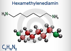 Hexamethylenediamine diamine molecule. It is monomer for nylon. Structural chemical formula and molecule model photo