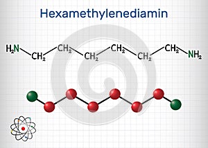 Hexamethylenediamine diamine molecule. It is monomer for nylon. Structural chemical formula and molecule model. Sheet of paper in