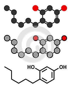 Hexylresorcinol molecule. Has anaesthetic, antiseptic and anthelmintic properties