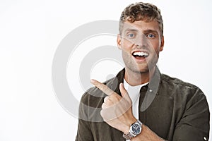 Hey check out this you gonna like it. Portrait of handsome charismatic blond guy with blue eyes and white broad smile