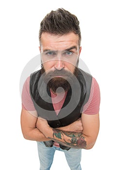 Hey you there. Hipster with mustache and long beard. Man mature bearded muscular brutal hipster white background