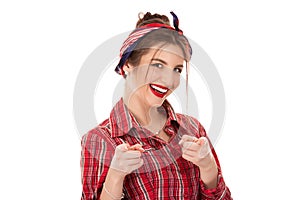 Hey you! Woman pointing at camera, point index fingers gesture