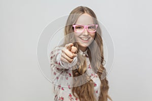 Hey you!You cool! Teenager girl, pointing finger at camera and t