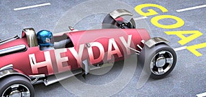 Heyday helps reaching goals, pictured as a race car with a phrase Heyday as a metaphor of Heyday playing important role in getting