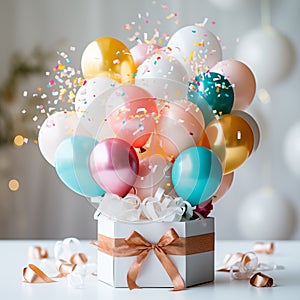 HHappy Birthday Cake balloon around white stand for ceremony, many giftboxes, multicolor glossy balloons on the stand, fireworks,
