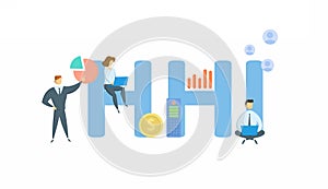 HHI, Herfindahl-Hirschman Index. Concept with keyword, people and icons. Flat vector illustration. Isolated on white.