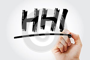 HHI - Herfindahlâ€“Hirschman Index acronym with marker, business concept background