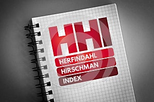 HHI - Herfindahlâ€“Hirschman Index acronym on notepad, business concept background