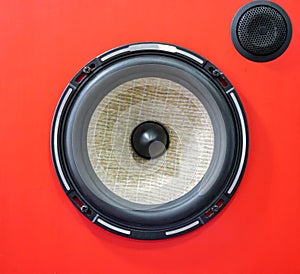 Hi-fi sound speaker box. Red speaker box and black silk hifi tweeter.