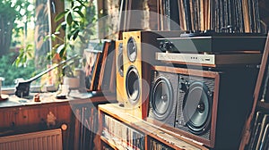 Hi-fi stereo system with large speakers, next to a stack of vinyl records. 80s vintage lifestyles. Close-up