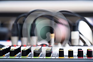 Hi-Fi system console control panel audio equipment Close-up of digital studio mixer control panel Use blurring techniques