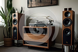 Hi fi wooden vintage speaker system in living room.