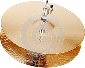 Hi-hat cymbal golden brass plate drum set musical instrument isolated on white background