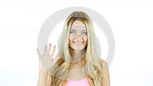 Hi, Hello, Woman Waving Hand, Welcome , Portrait On White Background