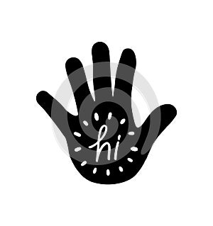 Hi lettering on hand silhouette cartoon