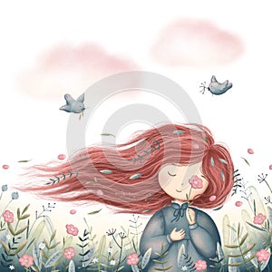 Hi spring. spring illustration with girl, spring flowers and birds illustration for holiday greeting card