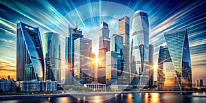 Hi-tech abstract background. Cityscape of skyscrapers of Moscow City Zooming photo