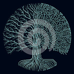 Hi-tech circuit style round yggdrasil tree. Cyberpunk futuristic design. Progress symbol