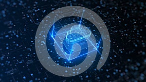 Hi tech Cloud computing and cyber security. Digital data network protection. High-speed connection data analysis. Technology data