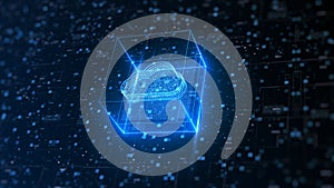 Hi tech Cloud computing and cyber security. Digital data network protection. High-speed connection data analysis. Technology data