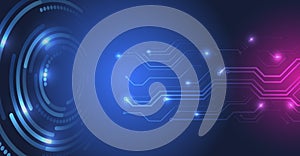 Hi-tech computer digital technology concept. Wide blue background with various technological elements. Abstract circle and circuit