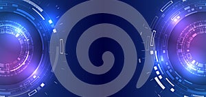 Hi-tech computer digital technology concept. Wide Blue background with various technological elements. Abstract circle technology