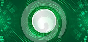 Hi-tech computer digital technology concept. Wide green background with various technological elements. Abstract circle technology