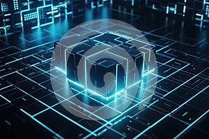 Hi tech A cubic array of square blocks is arranged against a backdrop of information fields.