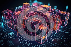 Hi tech A cubic array of square blocks is arranged against a backdrop of information fields