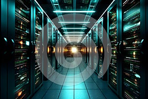 Hi-tech data center, server room, supercomputer, database, network server, telecommunication, computer concept futuristic