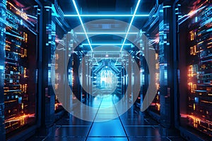 Hi-tech data center, server room, supercomputer, database, network server, telecommunication, computer concept futuristic