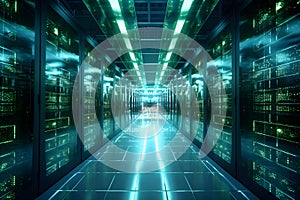 Hi-tech data center, server room, supercomputer, database, network server, telecommunication, computer concept futuristic