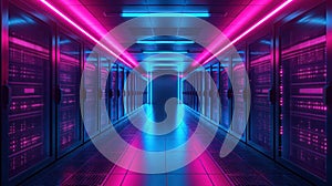 Hi-tech data storage server hallway, cloud computing neon glowing design. AI generated