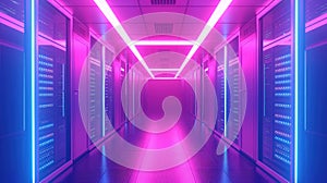 Hi-tech data storage server hallway, cloud computing neon glowing design. AI generated